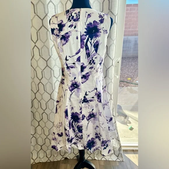 EUC DKNY White & Purple Floral Handkerchief Hem Fit-&-Flare Dress - Picture 9 of 16